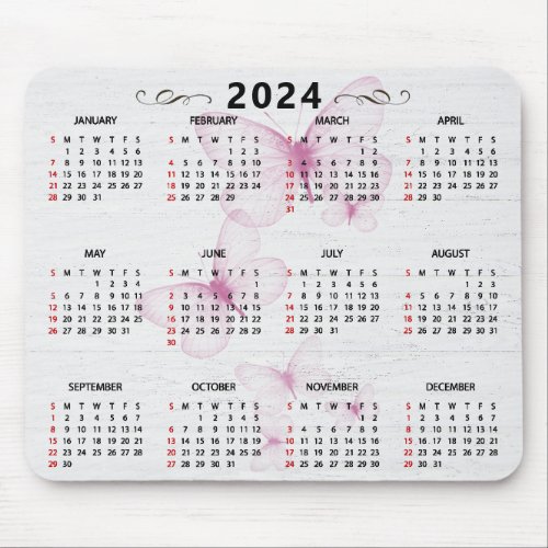 2024 Calendar Butterflies On Wood Mouse Pad