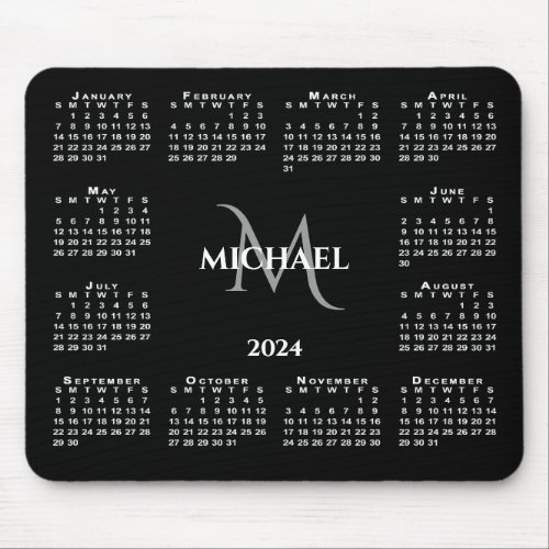 2024 Calendar Chic Monogram Name on Black Mouse Pad