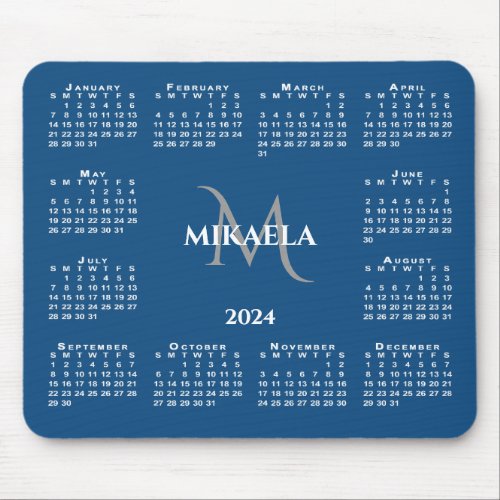 2024 Calendar Chic Monogram Name on Blue Mouse Pad