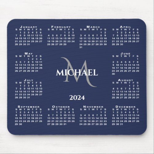 2024 Calendar Chic Monogram Name on Navy Blue Mouse Pad