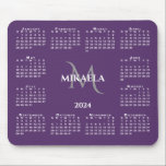 2024 Calendar Chic Monogram Name on Purple Mouse Pad<br><div class="desc">Chic 2024 calendar mouse pad features an elegant custom name and monogram above the year in the middle surrounded by a white calendar on a purple background. Add your name and initial in the sidebar. Makes a great gift!

Copyright ©Claire E. Skinner. All rights reserved.</div>