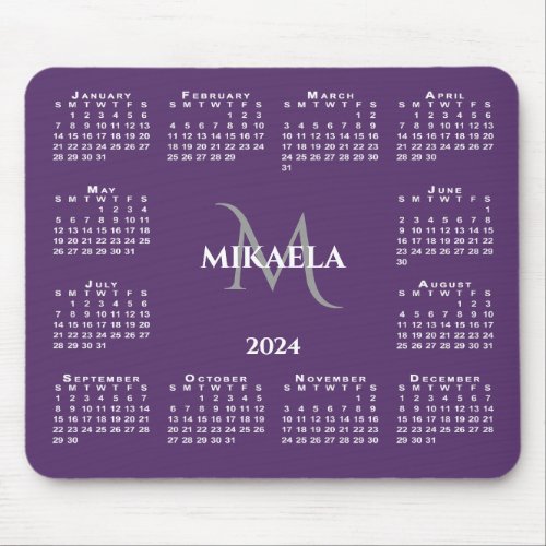 2024 Calendar Chic Monogram Name on Purple Mouse Pad