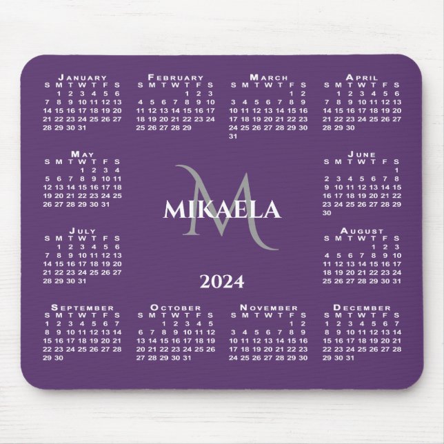 2024 Calendar Chic Monogram Name on Purple Mouse Pad (Front)