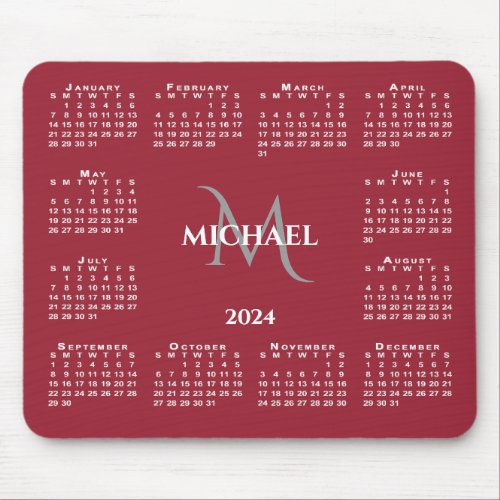 2024 Calendar Chic Monogram Name on Red Mouse Pad