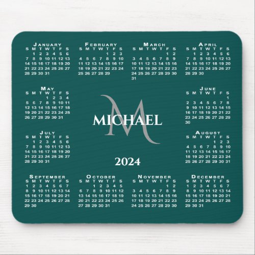 2024 Calendar Chic Monogram Name on Teal Mouse Pad