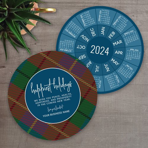 2024 Calendar Circle _ green blue plaid _ Happiest Holiday Card