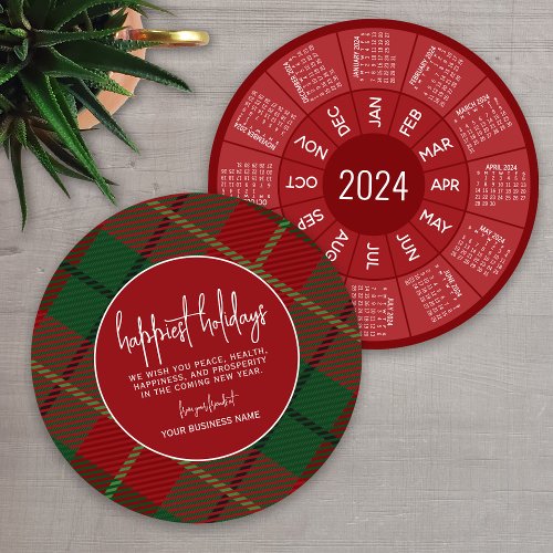 2024 Calendar Circle _ green red plaid _ Happiest Holiday Card