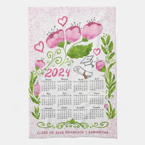 2024 Calendar Class of 2024 Graduate Pink Floral Kitchen Towel