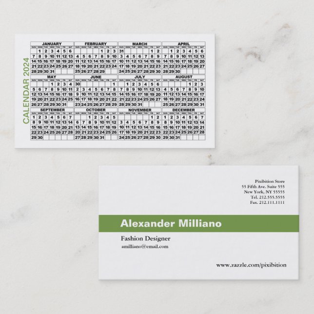 2024 Calendar Classic Business Card Green Stripe (Front/Back)
