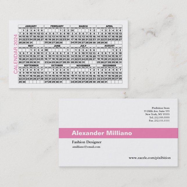 2024 Calendar Classic Business Card Pink Stripe (Front/Back)
