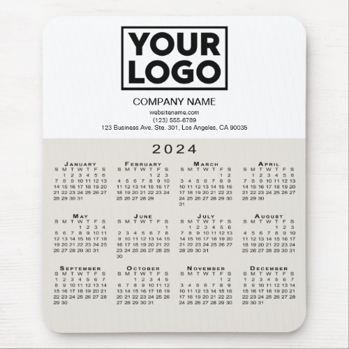2024 Calendar Company Logo and Text Beige White Mouse Pad