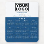 2024 Calendar Company Logo and Text Blue White Mouse Pad<br><div class="desc">Modern professional calendar mouse pad features your logo, company name, and business contact information in blue text on white over a modern white 2024 calendar on a blue background. Add your logo, company name, and custom text (website, phone number, address, or slogan) in the sidebar. Your logo can be any...</div>