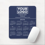 2024 Calendar Company Logo and Text on Navy Blue Mouse Pad<br><div class="desc">Simple professional calendar mouse pad features your logo, company name, and business contact information in white text over a modern white 2024 calendar on a navy blue background. Add your logo, company name, and custom text (website, phone number, address, or slogan) in the sidebar. Your logo can be any shape....</div>