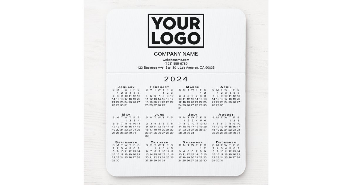 2024 Calendar Company Logo and Text on White Mouse Pad Zazzle