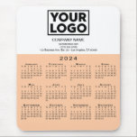 2024 Calendar Company Logo and Text Peach White Mouse Pad<br><div class="desc">Modern professional calendar mouse pad features your logo, company name, and business contact information in black text on white over a modern black 2024 calendar on a peach orange background. Add your logo, company name, and custom text (website, phone number, address, or slogan) in the sidebar. Your logo can be...</div>
