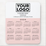 2024 Calendar Company Logo and Text Pink White Mouse Pad<br><div class="desc">Modern professional calendar mouse pad features your logo, company name, and business contact information in black text on white over a modern black 2024 calendar on a light pink background. Add your logo, company name, and custom text (website, phone number, address, or slogan) in the sidebar. Your logo can be...</div>