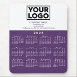 2024 Calendar Company Logo and Text Purple White Mouse Pad<br><div class="desc">Modern professional calendar mouse pad features your logo, company name, and business contact information in purple text on white over a modern white 2024 calendar on a purple color block. Add your logo, company name, and custom text (website, phone number, address, or slogan) in the sidebar. Your logo can be...</div>