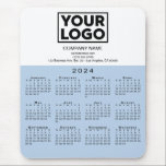 2024 Calendar Company Logo Text Light Blue White Mouse Pad<br><div class="desc">Modern professional calendar mouse pad features your logo, company name, and business contact information in black text on white over a modern black 2024 calendar on a light blue background. Add your logo, company name, and custom text (website, phone number, address, or slogan) in the sidebar. Your logo can be...</div>