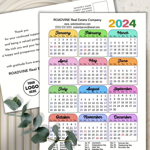 2024 Calendar Corporate Minimalist New Year  Holiday Postcard