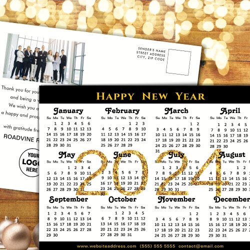 2024 Calendar Corporate Photo Black Gold Glitter Holiday Postcard