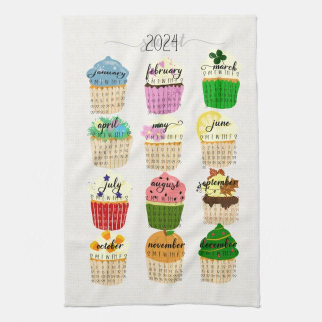 2024 Calendar Cupcake Kitchen Tea Towel (Vertical)
