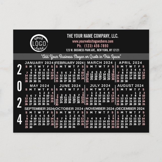 2024 Calendar Custom Business Logo Name Black Easy Postcard (Front)