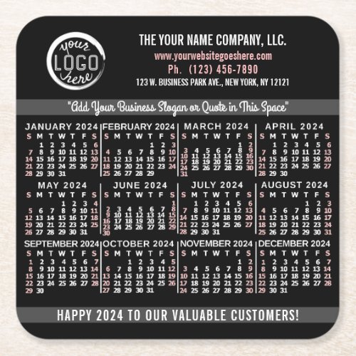 2024 Calendar Custom Business Logo Name Black Easy Square Paper Coaster