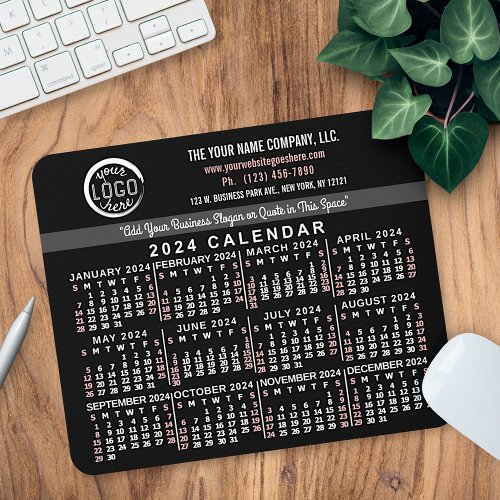 2024 Calendar Custom Business Logo Name Black Red Mouse Pad