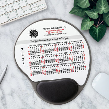 2024 Calendar Custom Business Logo Name Red White Gel Mouse Pad by FancyCelebration at Zazzle
