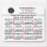 2024 Calendar Custom Business Logo Name White Red Mouse Pad<br><div class="desc">These professional-looking 2024 calendar mousepads are perfect for your company office branding. They have large, easy-to-read, bold numbers in black and red on white. Above that, brand your business with your corporate logo, business name, website, phone, address, and a slogan. Keep the date and all your company information at your...</div>