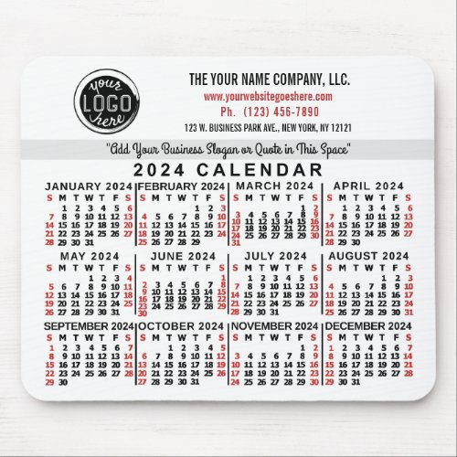 2024 Calendar Custom Business Logo Name White Red Mouse Pad