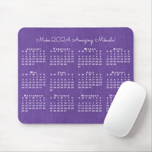 2024 Calendar Custom Name Purple Linen Photo Mouse Pad
