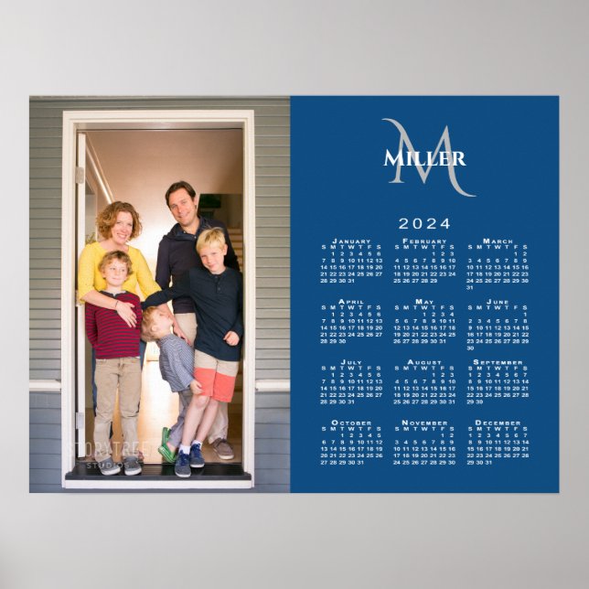 2024 Calendar Custom Photo Monogram Name Blue Poster (Front)