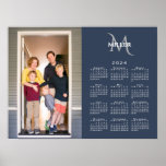 2024 Calendar Custom Photo Monogram Name Navy Blue Poster<br><div class="desc">Modern 2024 calendar poster features your vertical photo on the left and your monogram and name above the white calendar on the right on a navy blue background. Replace the sample image and text with your own in the sidebar. Makes a great gift for family. If you'd like to change...</div>