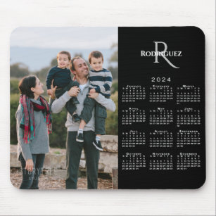 2024 Calendar Custom Photo Monogram Name on Black Mouse Pad