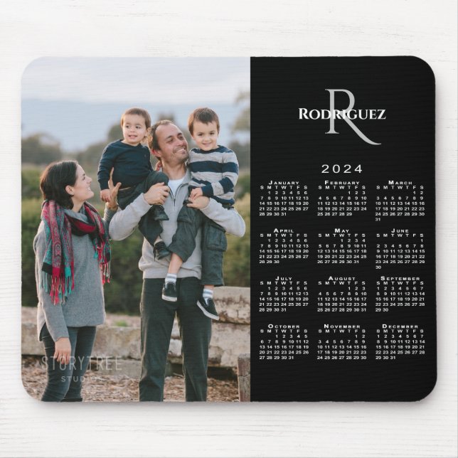 2024 Calendar Custom Photo Monogram Name on Black Mouse Pad (Front)