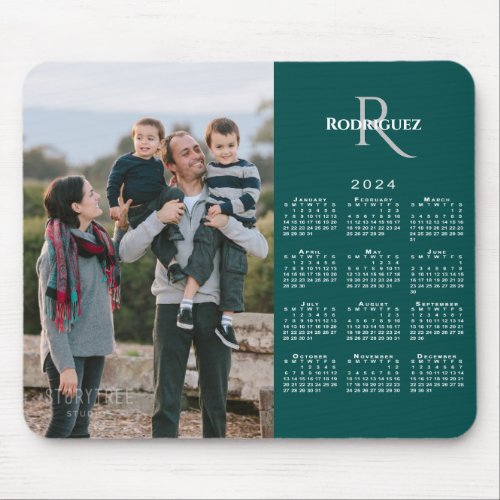 2024 Calendar Custom Photo Monogram Name on Teal Mouse Pad