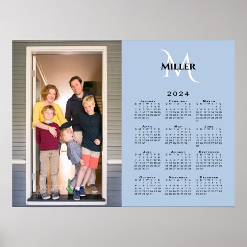 2024 Calendar Custom Photo Monogram on Light Blue Poster