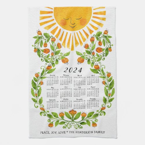2024 Calendar Cute Sun Orange Flowers Floral Kitchen Towel