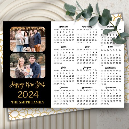 2024 Calendar Elegant Gold Glitter Script 2 Photo Holiday Card