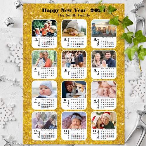 2024 Calendar Family 12 Photo Collage Festive Gold Holiday Card