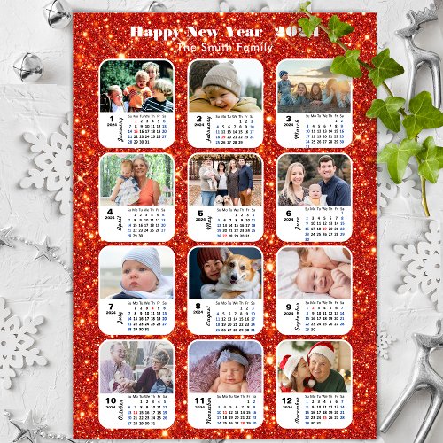 2024 Calendar Family 12 Photo Collage Festive Red Holiday Card