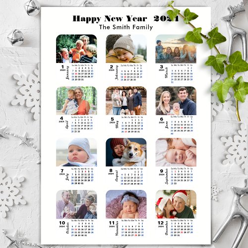 2024 Calendar Family 12 Photo Collage Minimalist Holiday Card