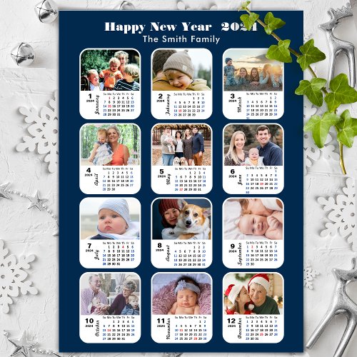 2024 Calendar Family 12 Photo Collage Modern Blue Holiday Card