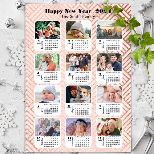 2024 Calendar Family 12 Photo Collage Modern Pink Holiday Card