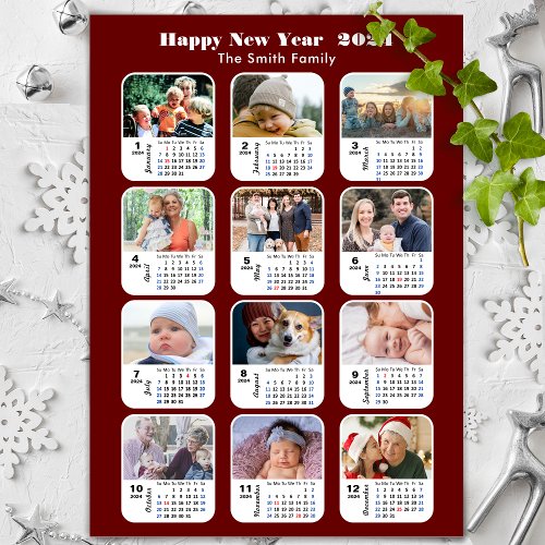 2024 Calendar Family 12 Photo Collage Modern Red Holiday Card