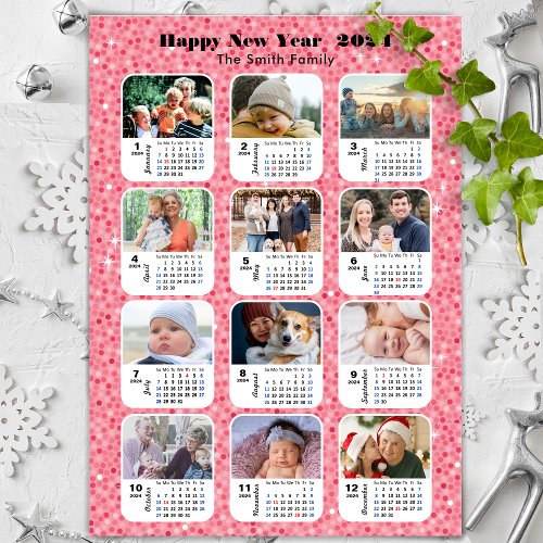 2024 Calendar Family 12 Photo Collage Pink Glitter Holiday Card