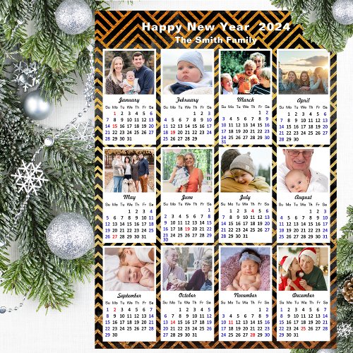 2024 Calendar Family 12 Photo Modern Black Gold