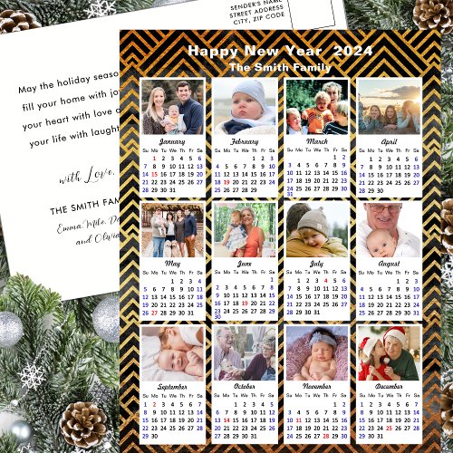 2024 Calendar Family 12 Photo Modern Black Gold Holiday Postcard