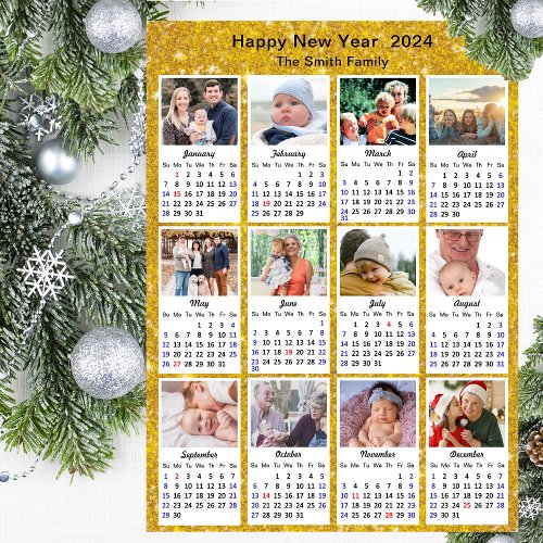 2024 Calendar Family 12 Photo Modern Gold Glitter